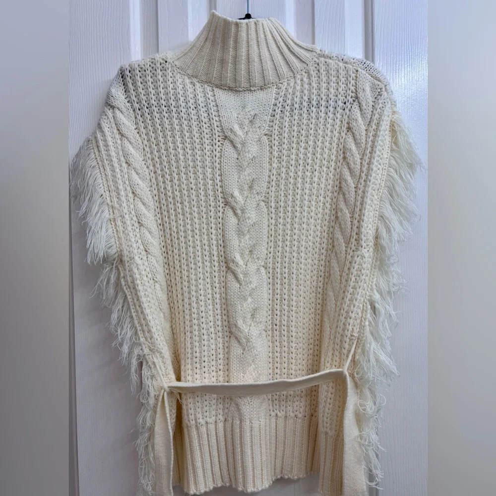 SAGE THE LABEL Fringed Cable-Knit Turtleneck Sweater in Ivory/Cream - SIZE M - Picture 12 of 16